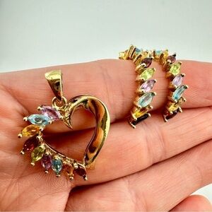 Genuine Gemstones Pendant Earrings Set Sterling Silver Plated with 14k Gold